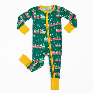 Baby in train pajamas