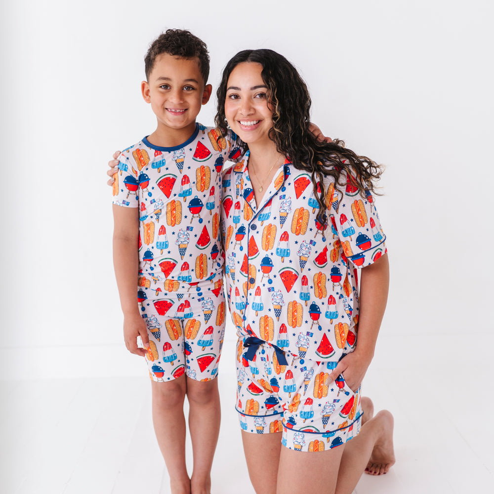 
                      
                        Mom wearing 4th of July hot dog pajamas made from soft bamboo fabric, perfect for matching family sets
                      
                    