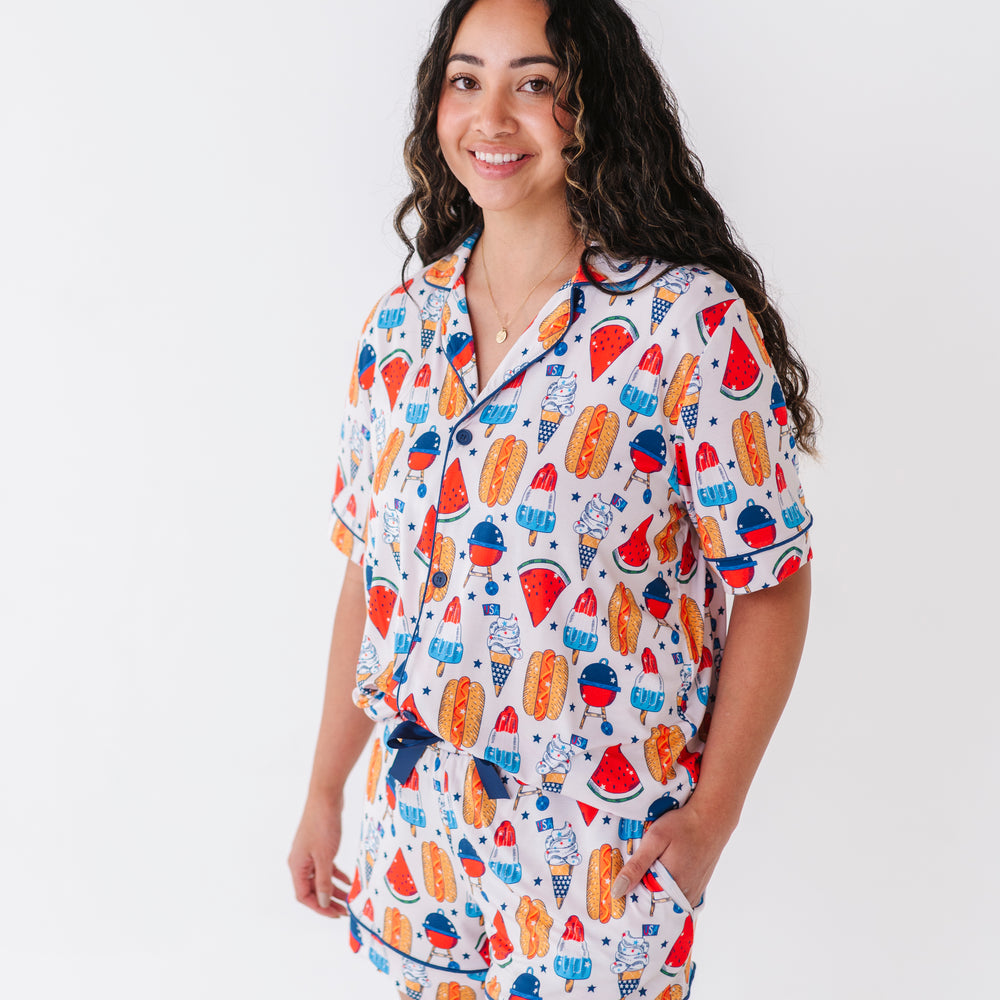 
                      
                        Mom wearing 4th of July hot dog pajamas made from soft bamboo fabric, perfect for matching family sets
                      
                    