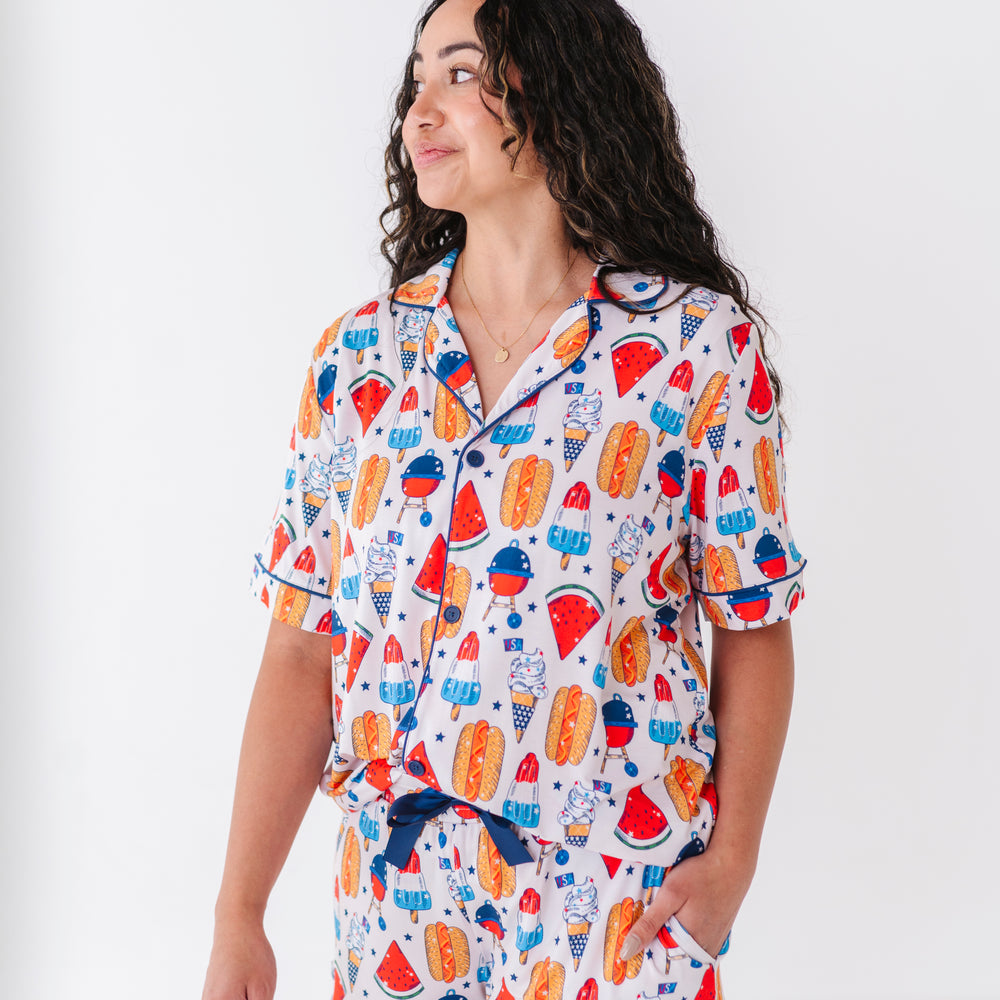 
                      
                        Mom wearing 4th of July hot dog pajamas made from soft bamboo fabric, perfect for matching family sets
                      
                    