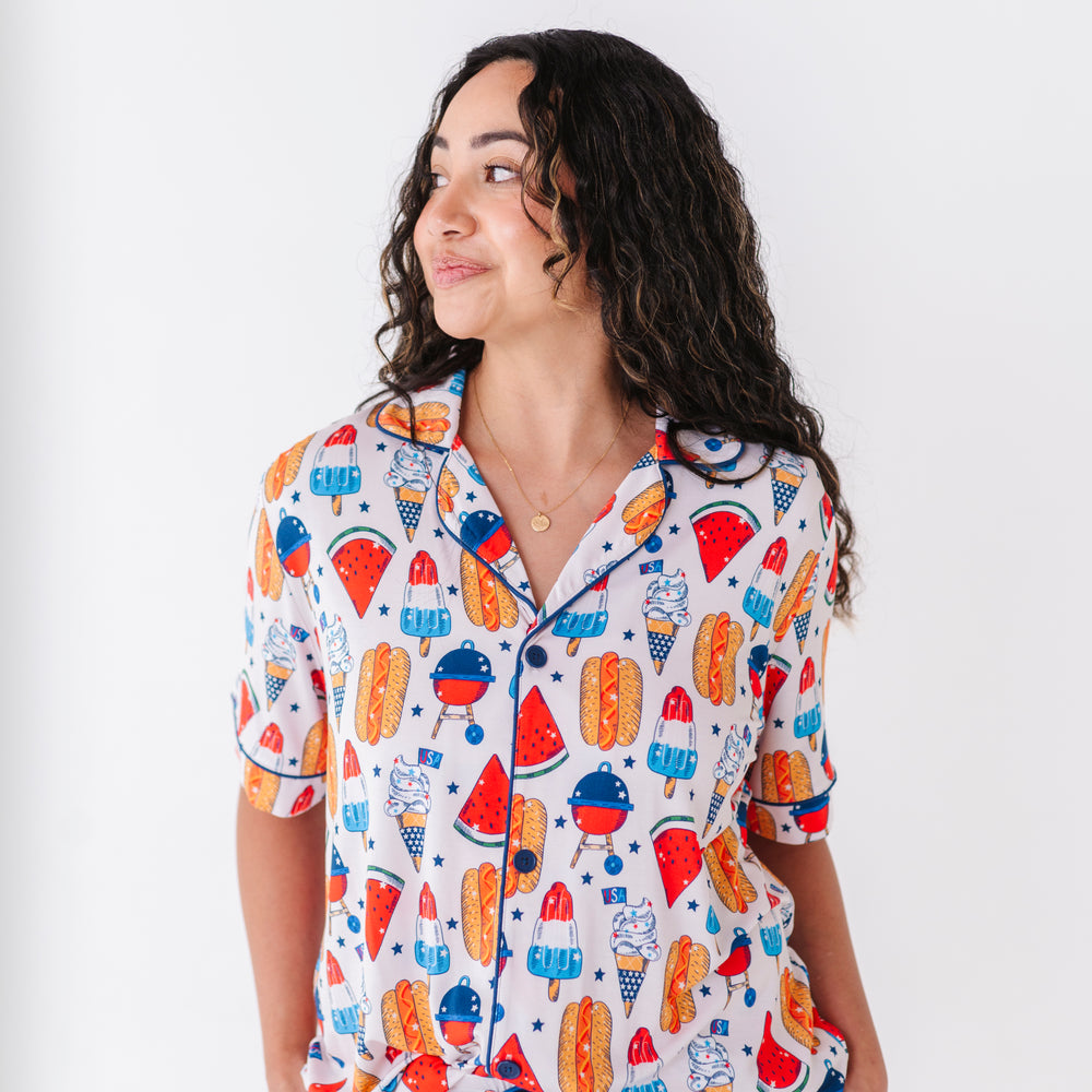 
                      
                        Mom wearing 4th of July hot dog pajamas made from soft bamboo fabric, perfect for matching family sets
                      
                    