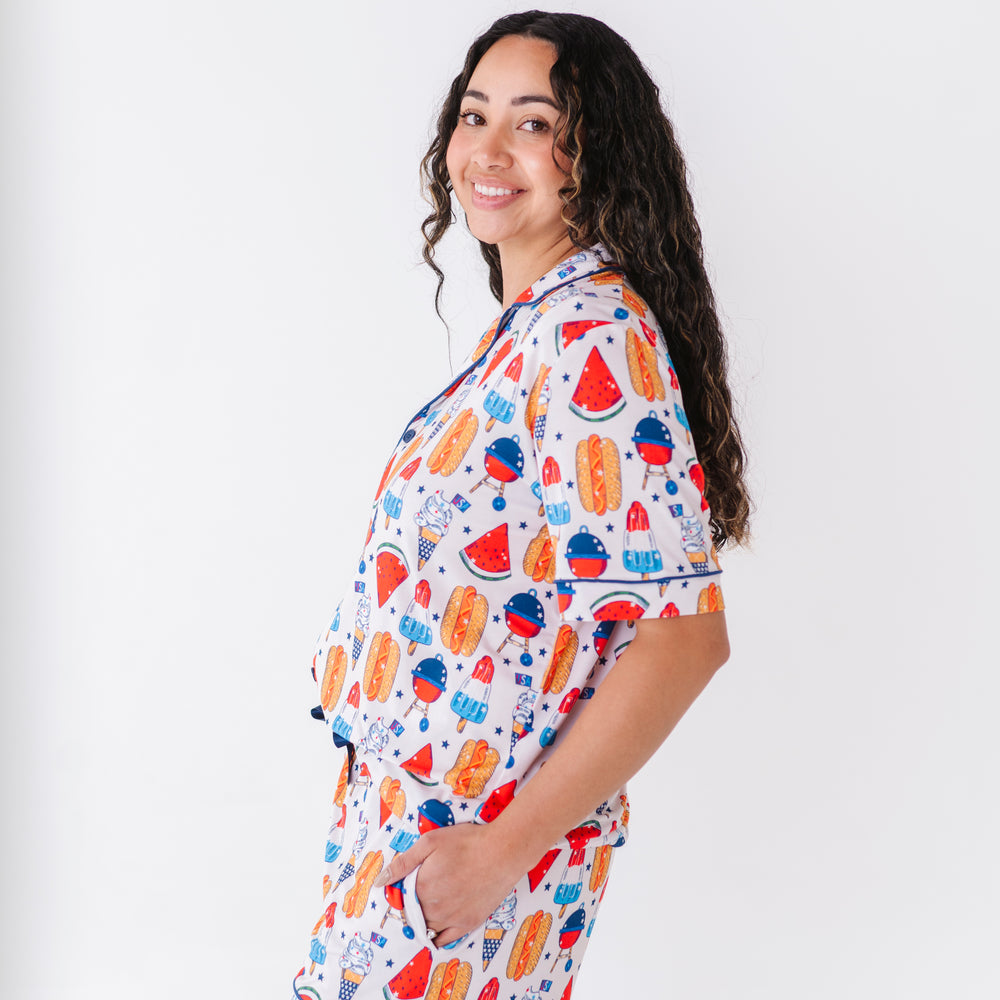 
                      
                        Mom wearing 4th of July hot dog pajamas made from soft bamboo fabric, perfect for matching family sets
                      
                    