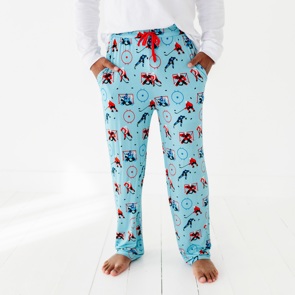 
                      
                        Man in hockey pajama pants
                      
                    