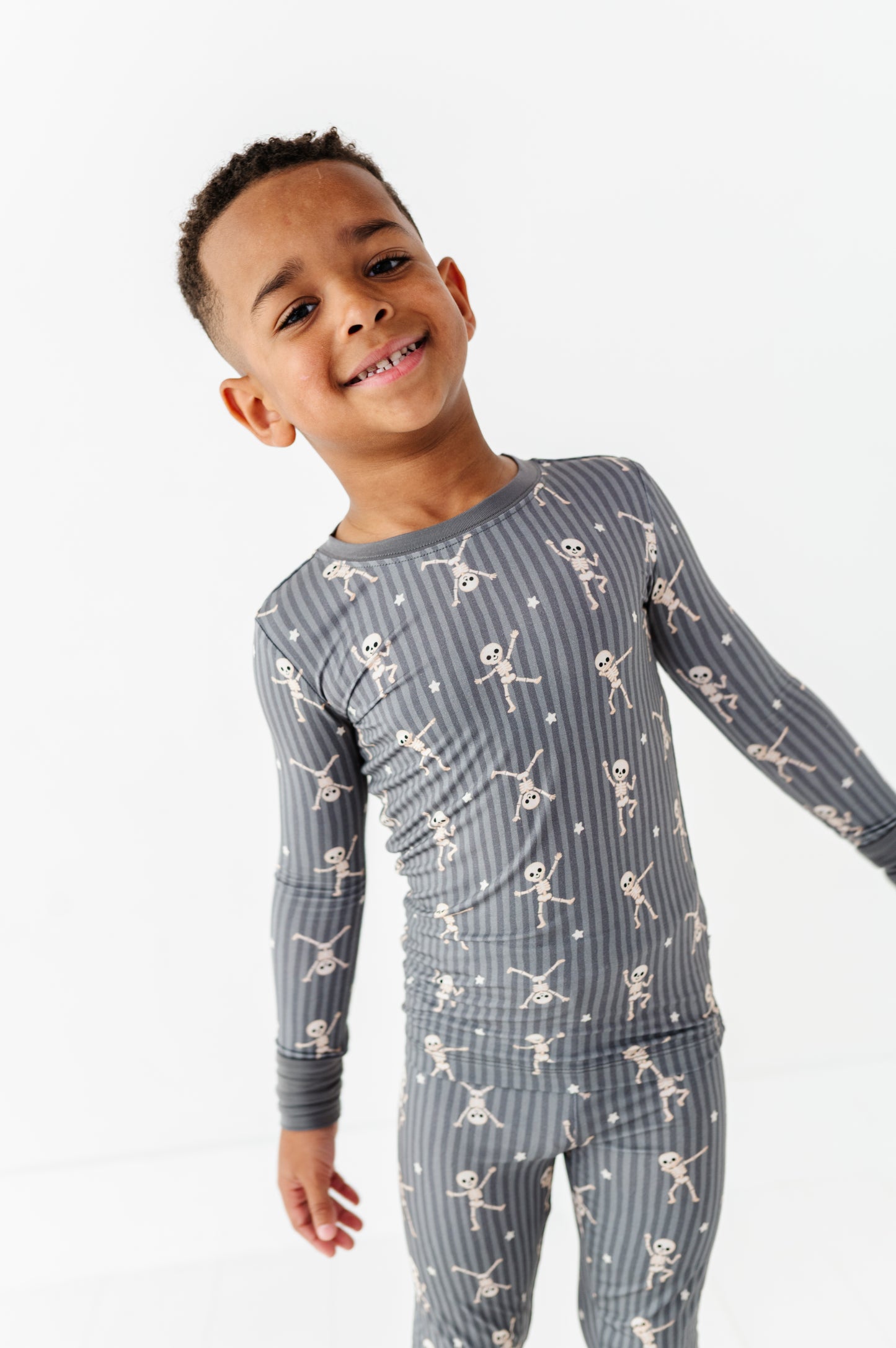 Kids Halloween PJs with skeleton for siblings in soft bamboo fabric