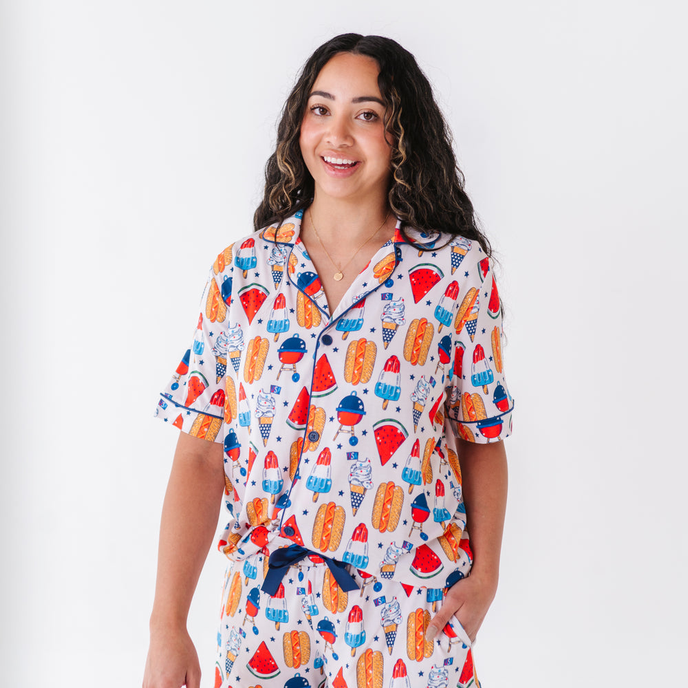 
                      
                        Mom wearing 4th of July hot dog pajamas made from soft bamboo fabric, perfect for matching family sets
                      
                    