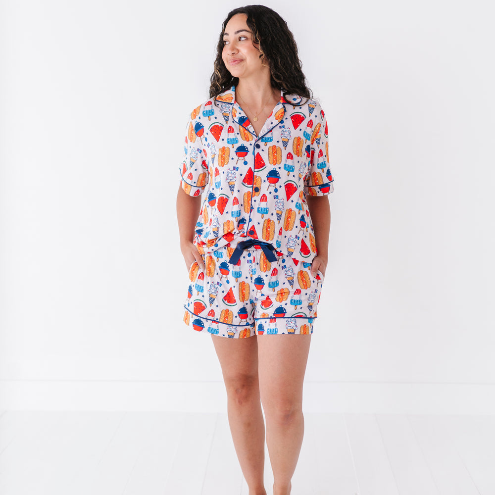 
                      
                        Mom wearing 4th of July hot dog pajamas made from soft bamboo fabric, perfect for matching family sets
                      
                    